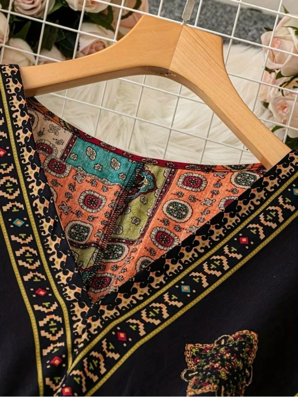 Bohemian Patchwork Print V-Neck Midi Dress - Multi New Boutique - Picture 3 of 5